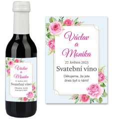 Minivíno s vlastní svatební etiketou - Růžové růžičky v modrém rámečku Minivíno s vlastní svatební etiketou - Růžové růžičky v modrém rámečku