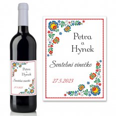 Svatební samolepicí etiketa na víno - folklórní styl