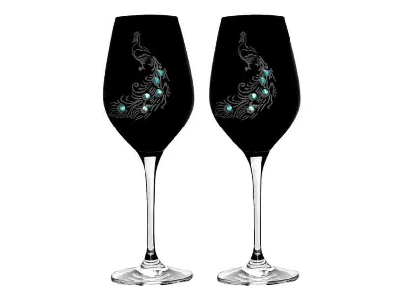 Sklenice na víno černá  s krystaly Preciosa  Páv 360 ml - 2ks