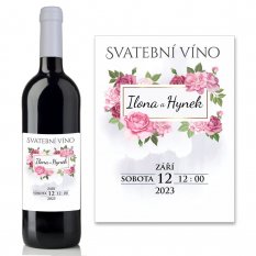 Svatební víno s vlastní etiketou - růžový motiv
