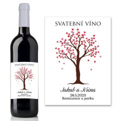 Samolepicí etiketa na svatební víno - strom se srdíčky