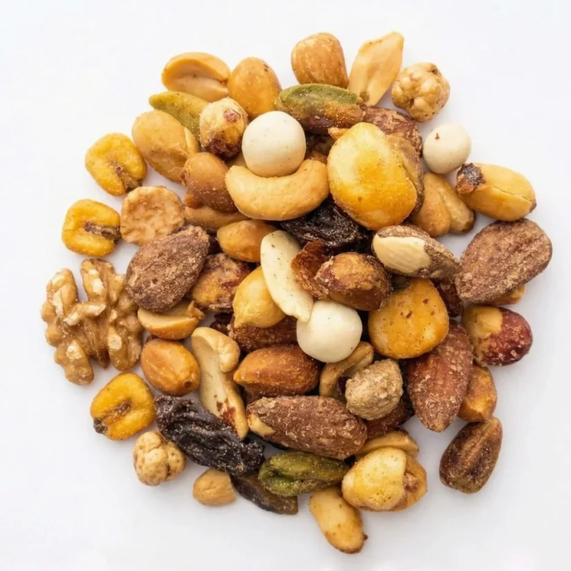 Gourmet mix slaných a karamelizovaných pražených ořechů, kukuřice a rozinek (370g)