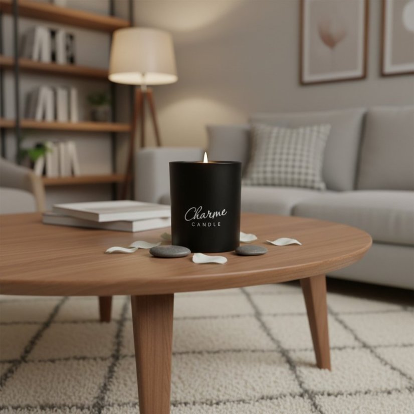 Stylová vonná svíčka Dark Essence jako designová dekorace v moderním obývacím pokoji