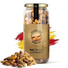 Gourmet mix slaných a karamelizovaných pražených ořechů, kukuřice a rozinek (370g)