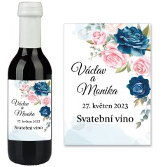 Svatební samolepka na mini víno - růžové a modré květy Svatební samolepka na mini víno - růžové a modré květy