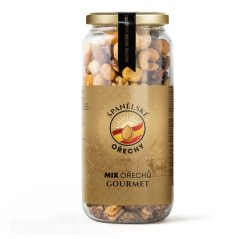 Gourmet mix slaných a karamelizovaných pražených ořechů, kukuřice a rozinek (370g)