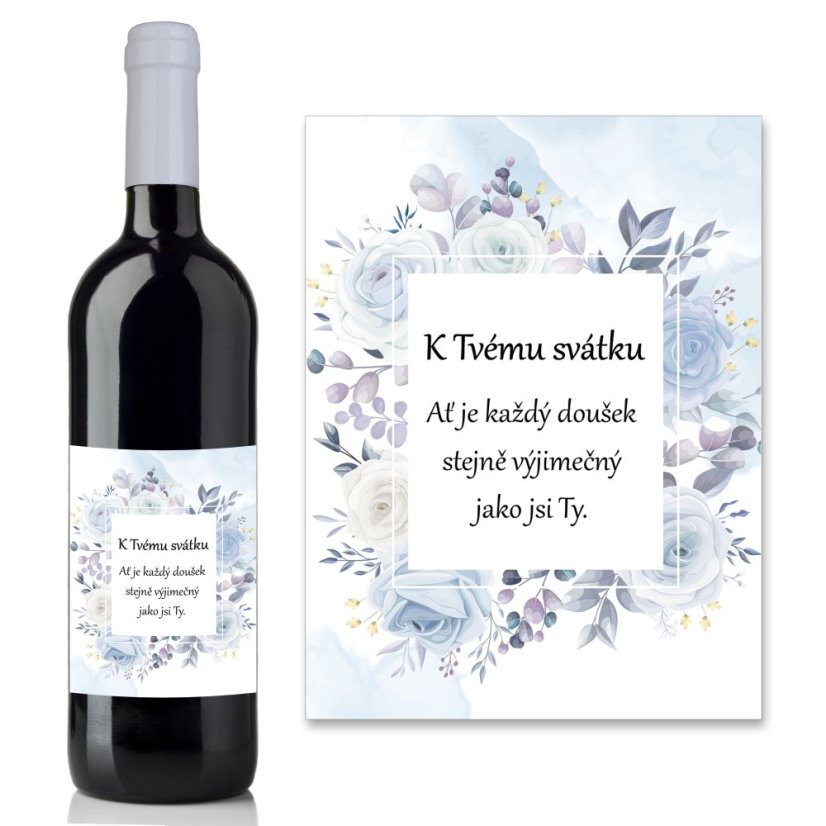 Víno 0,75l s etiketou k svátku - modré květy