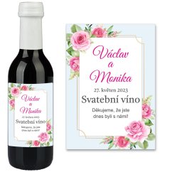 Minivíno s vlastní svatební etiketou - Růžové růžičky v modrém rámečku